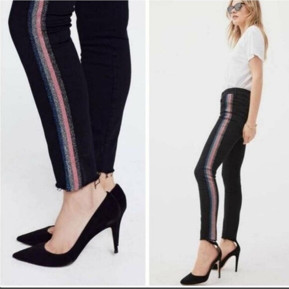 Mother High Waist Looker Ankle Fray Guilty Glitter Racer Skinny Jeans Black - Picture 2 of 13